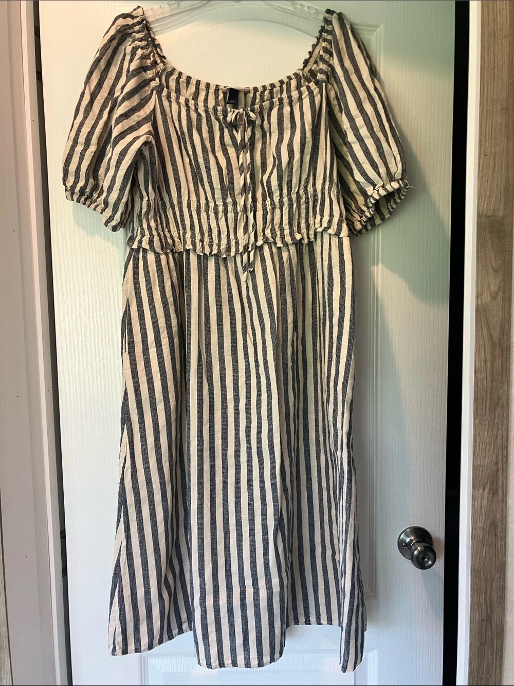 Universal Thread Navy and White Striped Off-Shoulder Midi Dress - Picture 1 of 4